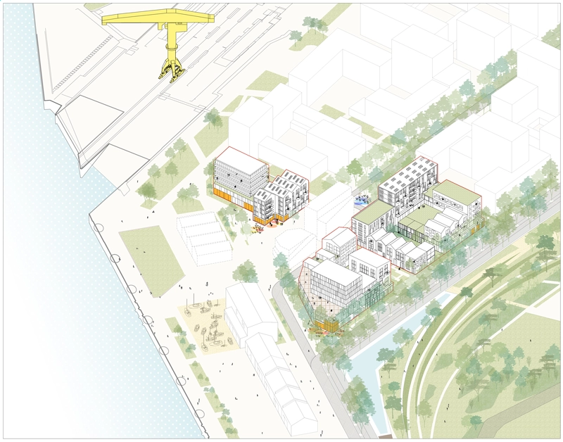 Ces  trois derniers projets prendront place à l’extrémité ouest du quartier, entre la grue jaune et les hangars portuaires. © ajoa-laq