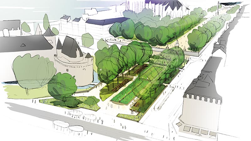 Des allées s’inscriront dans la continuité des cours et un axe transversal permettra de relier la rue de Richebourg et le Jardin des plantes au Château. Une nouvelle allée sera créée à la sortie du tramway pour rejoindre les abords de l’édifice. © Phytolab