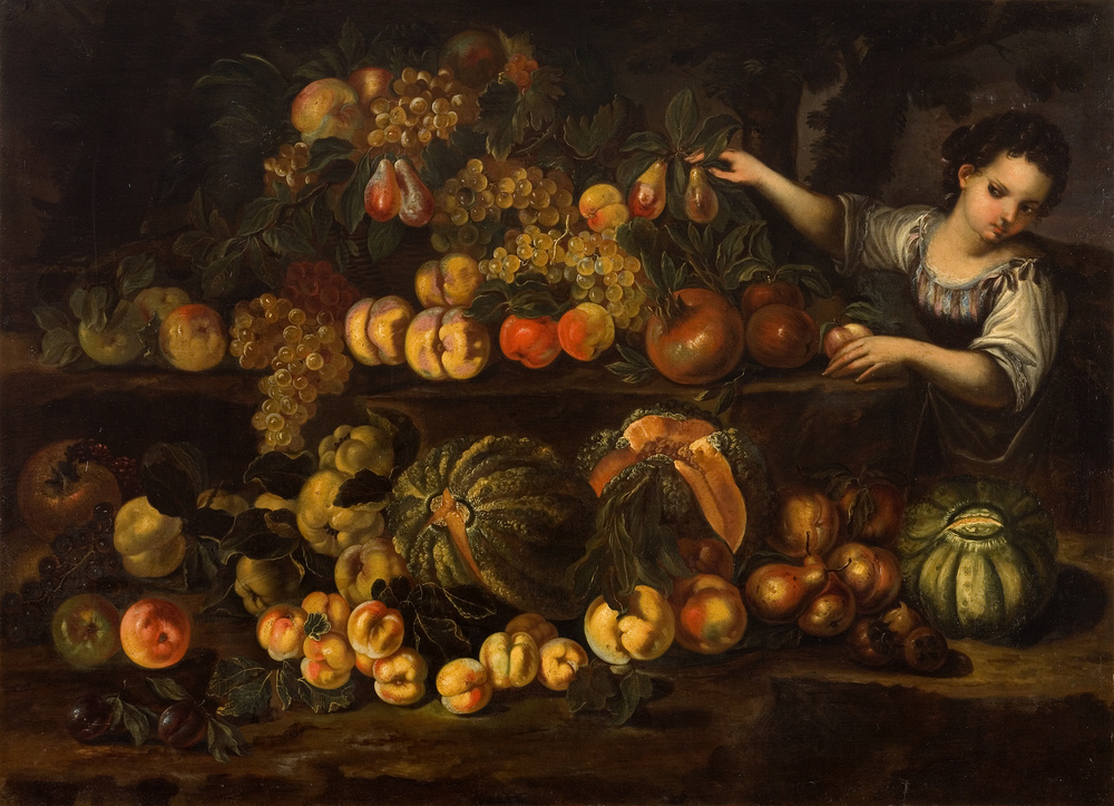 Nature morte avec une jeune fille tenant un fruit.jpg